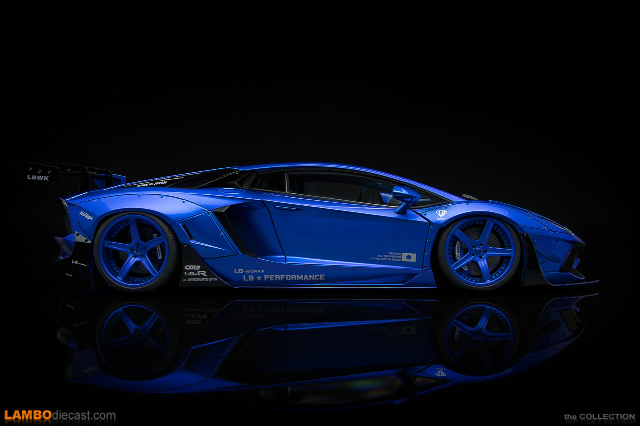 Side view of the 1/18 scale Lamborghini Aventador LB-Works Limited Edition by AUTOart
