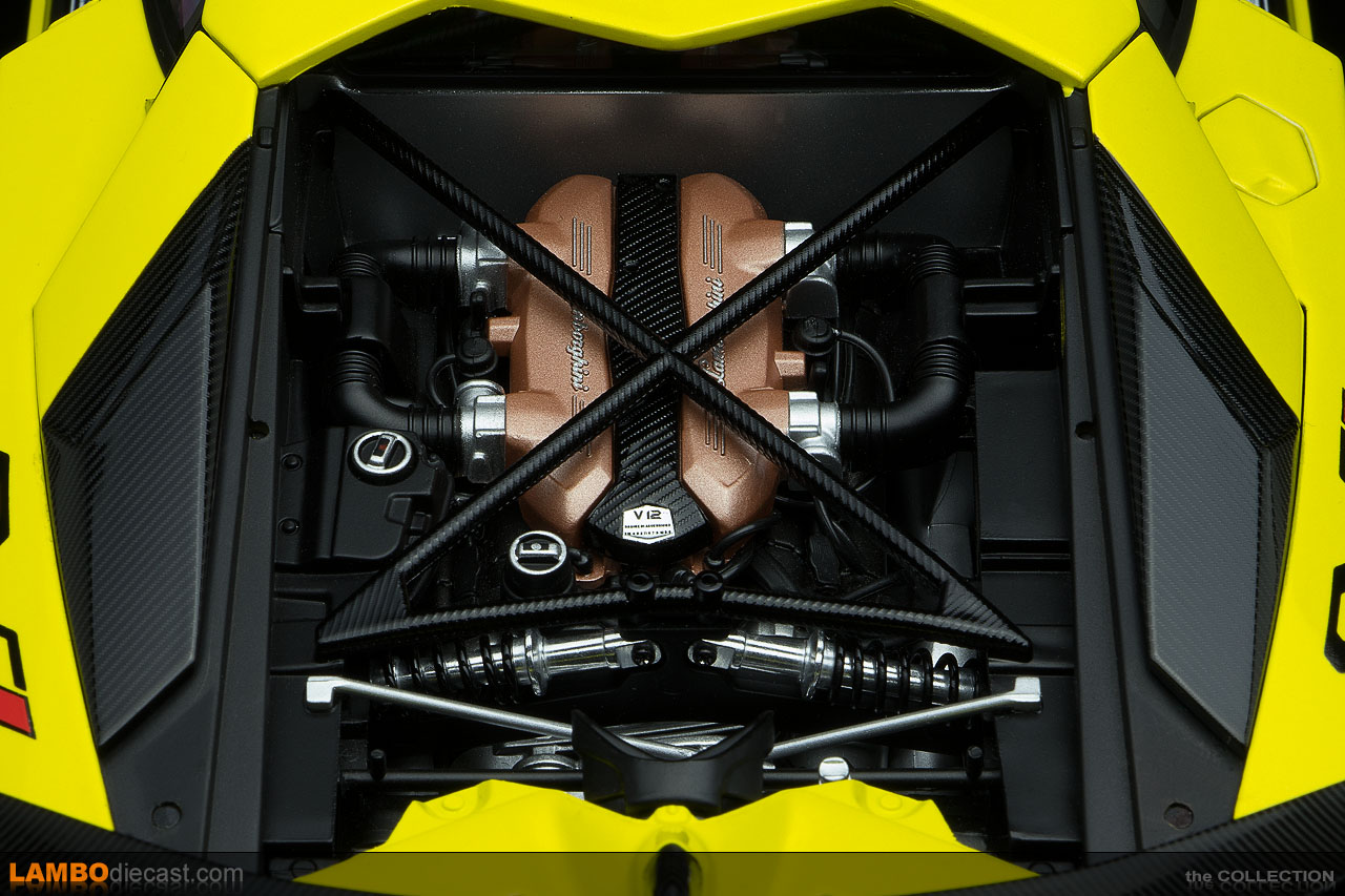 Engine view of the 1/18 scale Lamborghini Centenario LP770-4 Roadster by AUTOart