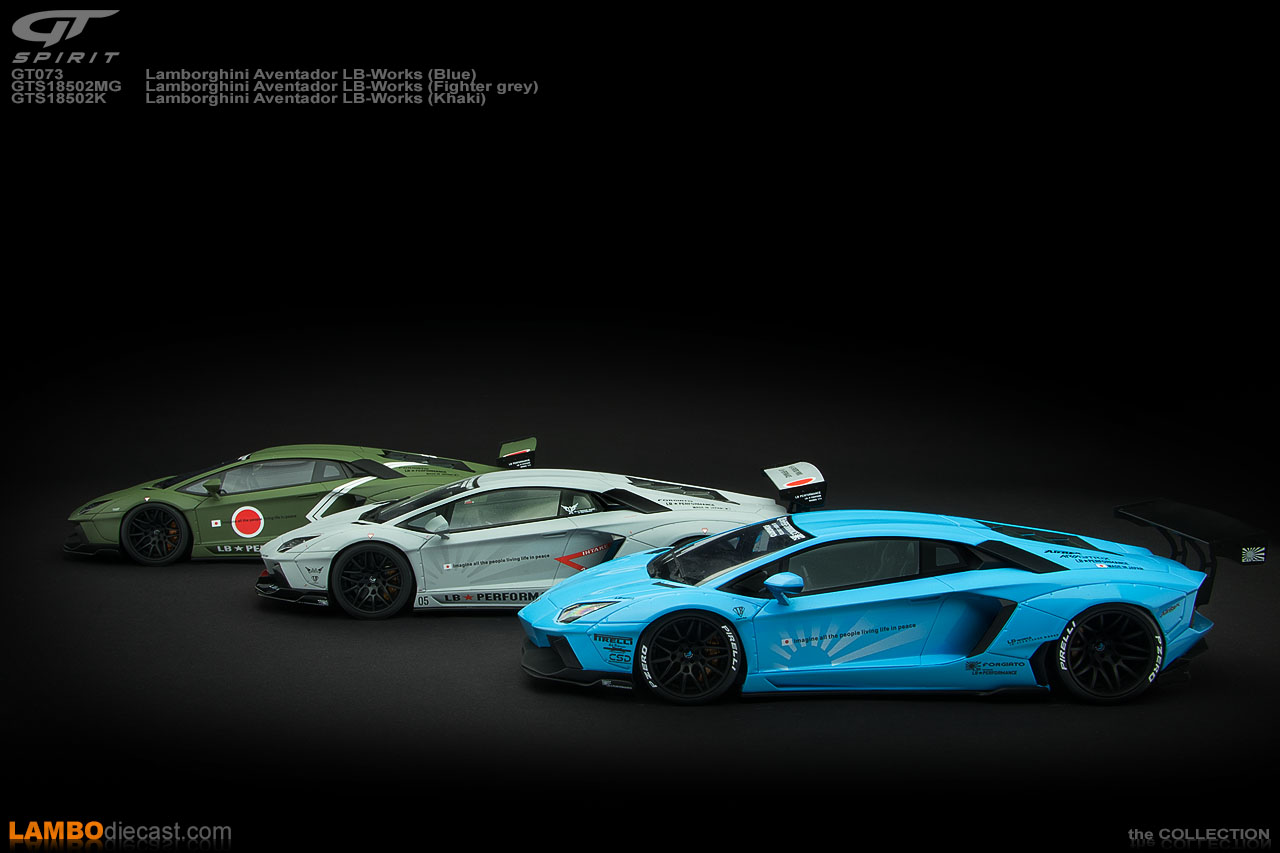 Side view of the three different Lamborghini Aventador LB-Works by GT Spirit