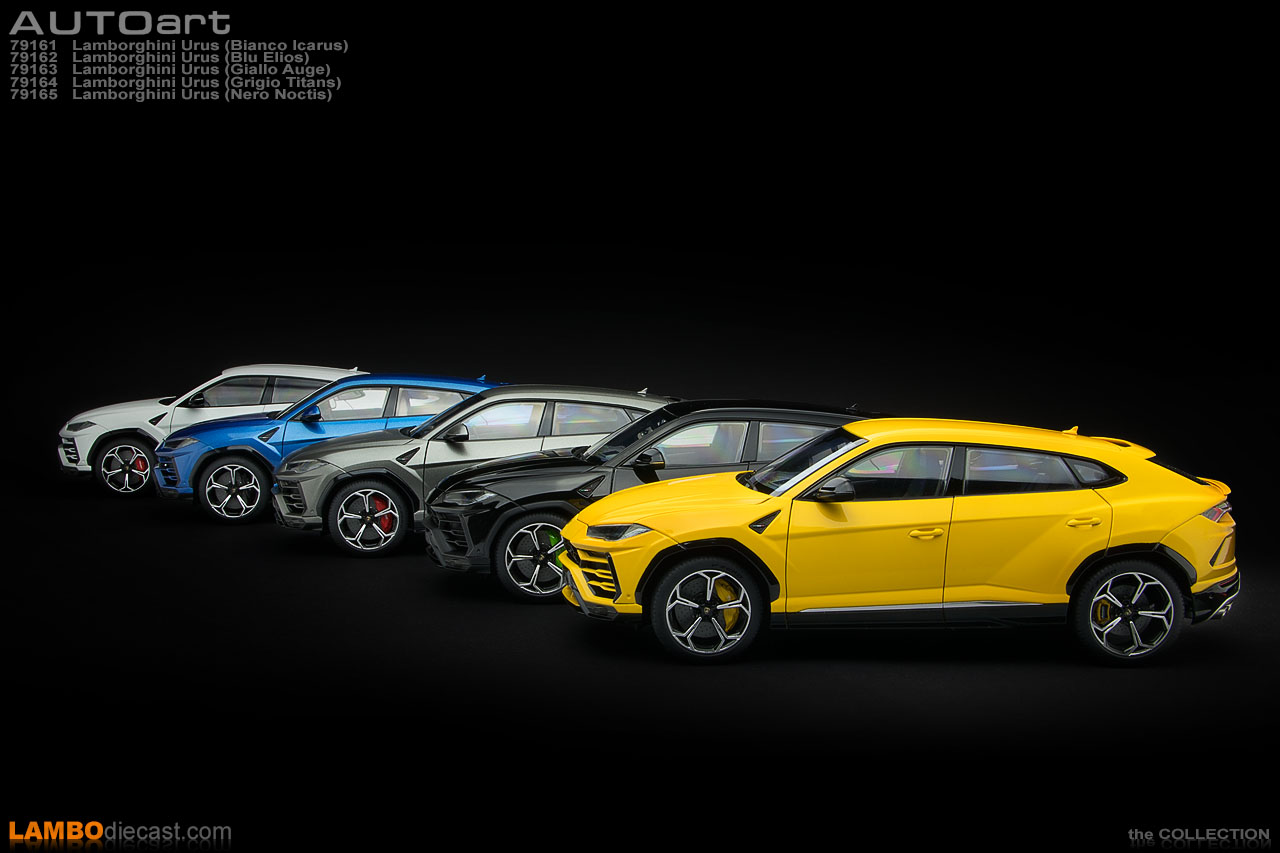 Side view of all five Lamborghini Urus by AUTOart