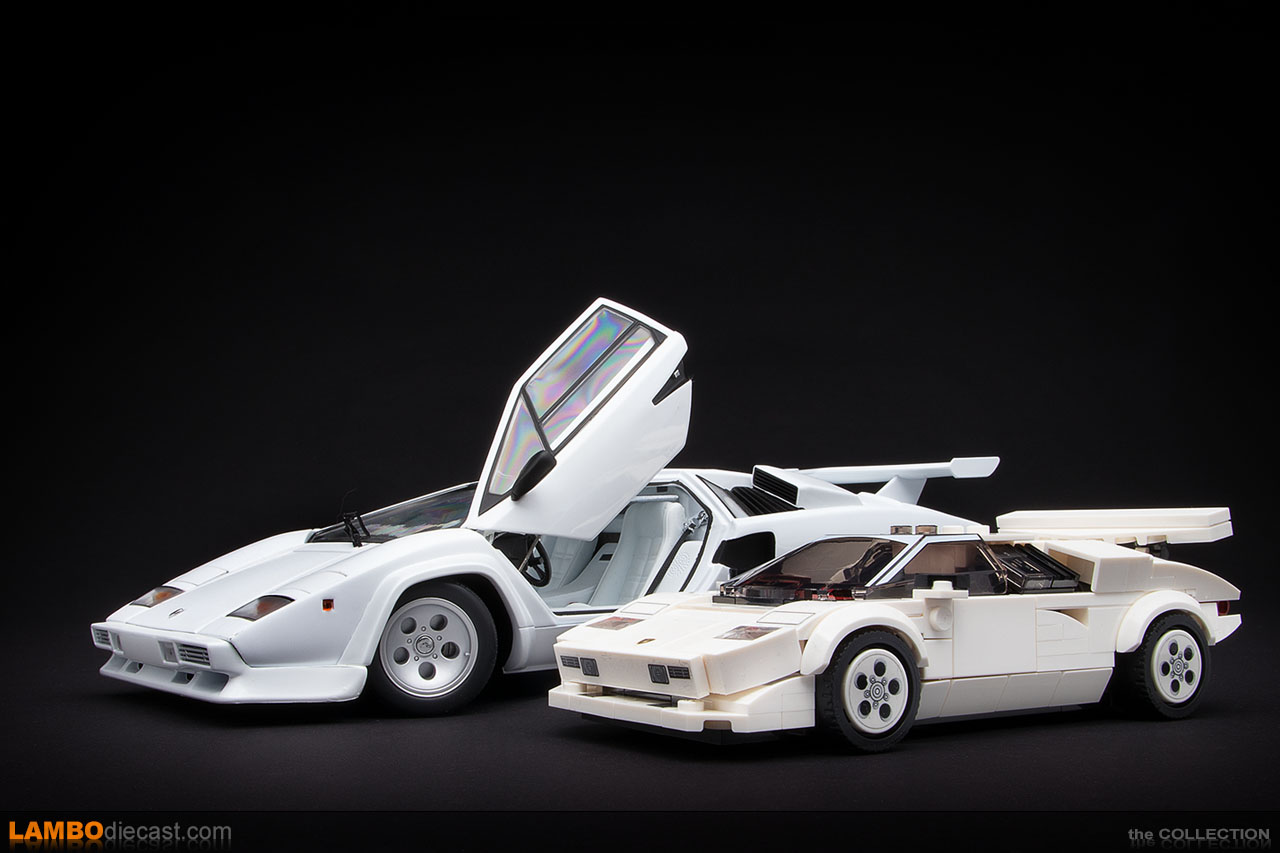 The Lamborghini Countach by LEGO next to the 1/18 scale Kyosho version