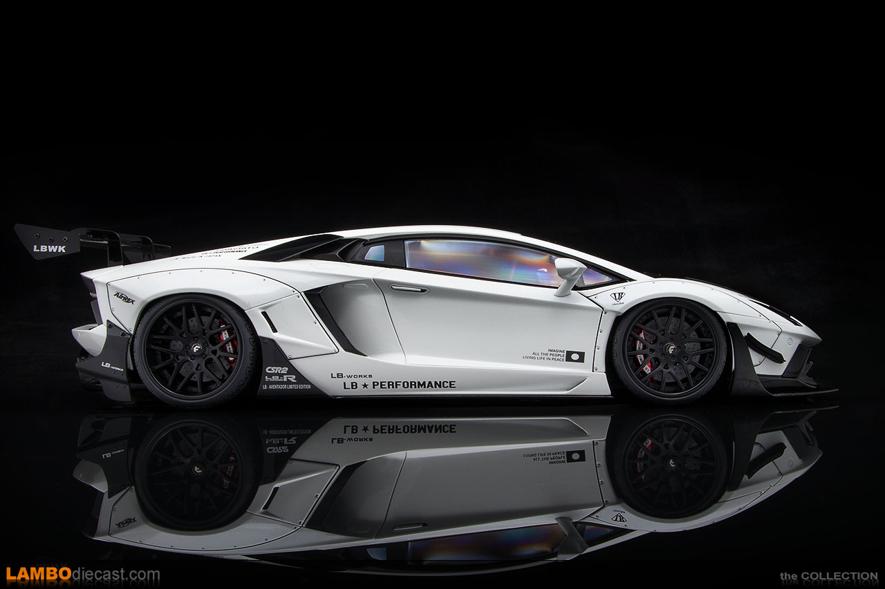Side view of the Liberty Walk LB-Works Lamborghini Aventador Limited Edition by AUTOart
