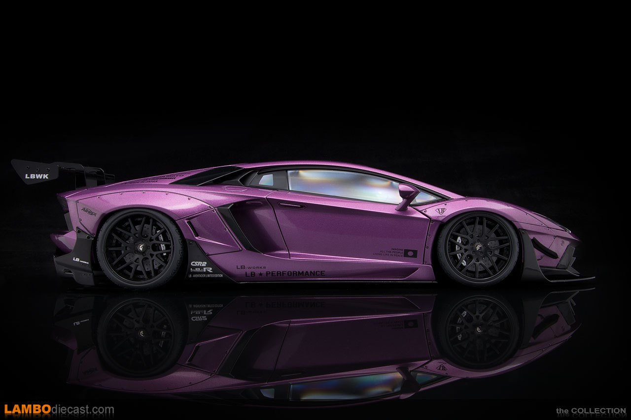 Side view of the Liberty Walk LB-Works Lamborghini Aventador Limited Edition by AUTOart