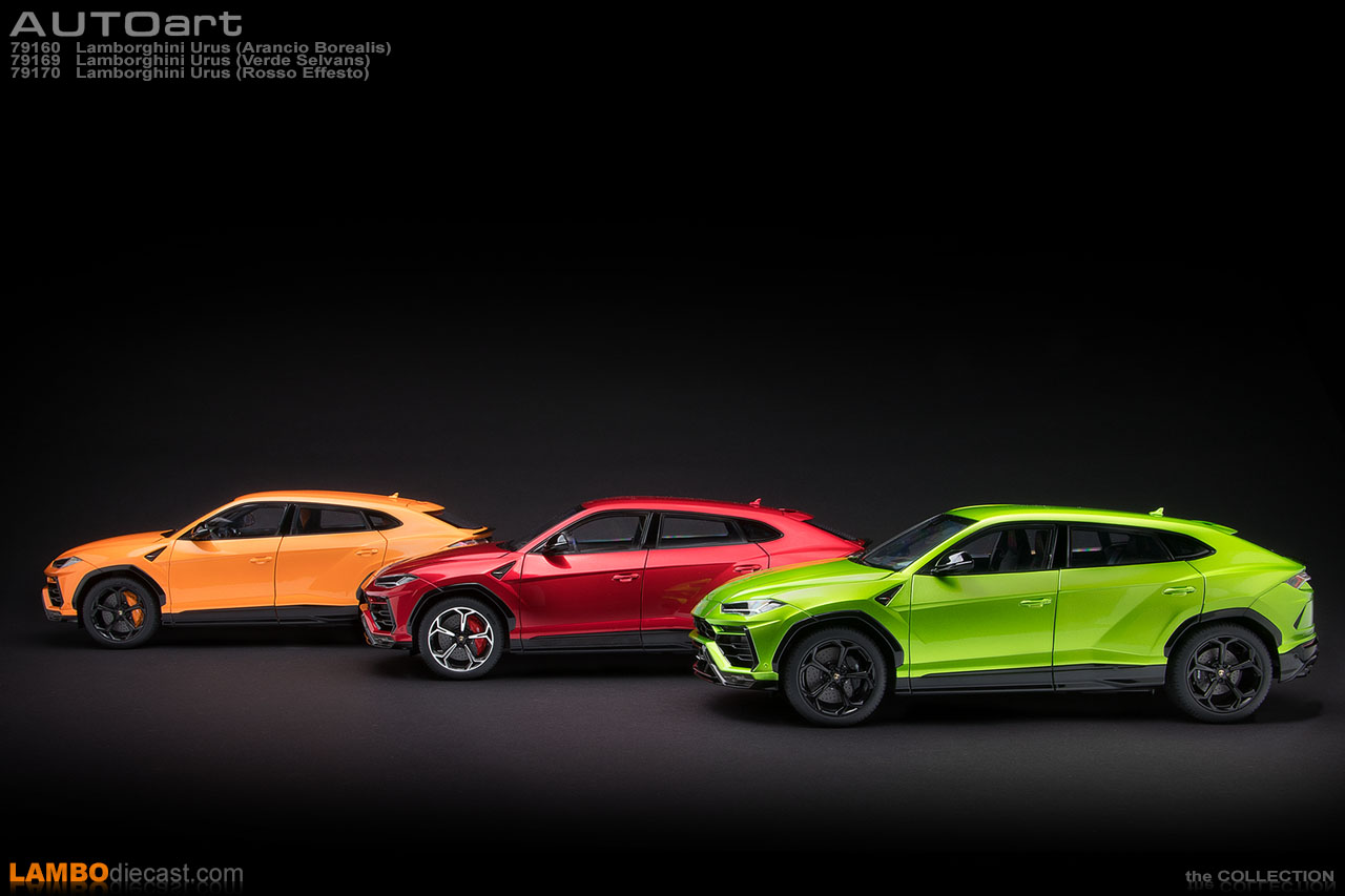 Side view of the three new Lamborghini Urus by AUTOart